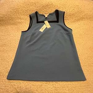 Liz Claiborne Madi Blue w Black Contrast Trim Waffle Sq Neck Sleeveless Top Sz L